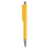 A yellow plastic pen with a silver tip and a clip. It features a simple, sleek design and has a branding logo.