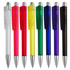 A collection of plastic pens in various colours: clear, red, yellow, green, blue, purple, and black, featuring a silver tip and clip.