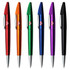 A collection of plastic pens in red, orange, green, blue, purple, and black, each featuring a logo on the barrel.