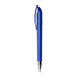 A blue plastic pen with a distinct curved clip and a silver tip, featuring a logo.
