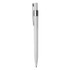 A plastic pen in white with a silver clip, featuring a logo on the body.