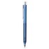 A blue plastic pen featuring a clip and a transparent body, with a branding logo present.