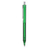 A green plastic pen with a transparent body and a silver clip, featuring a simple design and a logo.