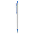 A plastic pen in white with a blue cap and blue ink, featuring a branding logo.