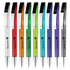 A set of plastic pens in various colours: red, orange, green, blue, purple, and clear, each with a silver clip and branding.