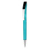 A plastic pen featuring a turquoise barrel and a silver clip, with a smooth design and shiny finish.