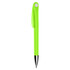 A bright green plastic pen with a sleek design and a silver tip, featuring a logo on the body.