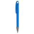 A blue plastic pen with a smooth body and a clip, featuring a chrome tip and a branding logo.