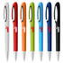 A collection of metal pens in red, orange, green, blue, black, white, and a few have logos.