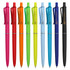 A collection of plastic pens in various colours including pink, red, orange, yellow, green, light blue, blue, and black. Each pen has a logo.