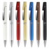 A collection of metal pens in white, silver, red, gold, blue, brown, and black, featuring a logo on each pen.