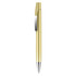 A metal pen in a sleek gold finish with a silver clip and a smooth tip. Features a logo on the body.