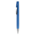 A blue metal pen with a sleek design and a silver clip, featuring a branding logo.