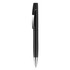A metal pen with a sleek black body and a shiny silver clip, featuring a logo on the barrel.