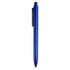 A blue plastic pen with a clip and a smooth barrel, featuring a logo on its surface.