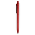 A red plastic pen featuring a sleek design and a clip, with a visible branding logo.