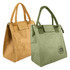 A brown lunch bag and a green lunch bag with handles, featuring a logo on the green bag.
