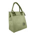 A green lunch bag with a sturdy handle, featuring a patch logo and a zip closure.