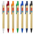 A collection of recycled cardboard pens in white, red, orange, green, blue, and black, featuring a logo.
