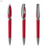 A red plastic pen with silver accents and a sleek design, featuring three different angles.