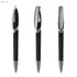 A set of black plastic pens with sleek silver accents and varying clip designs, featuring a branding logo on one side.