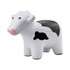 A black and white stress cow toy with a smiling expression and simplified features. It has a branding logo.
