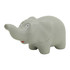 A grey stress elephant with a smiling face, featuring rounded shapes and a playful design. It has a logo on it.