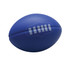 A blue stress football with a smooth surface and a logo on it, designed for stress relief and fun.