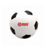 A small white stress soccer ball with black patches and a logo. Ideal for stress relief and fun activities.