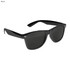 Black sunglasses with dark lenses, featuring a glossy finish and a logo on the side. Suitable for leisure and outdoor activities.