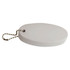 A white floating key ring with a rounded, oval shape and a metal chain for attachment.