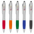 A collection of five stylus pens in silver with coloured grips: orange, green, blue, and black. Each pen has a logo.