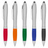 Five stylus pens in silver, featuring coloured grips in red, orange, green, blue, and black. Each has a logo on the barrel.