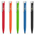 A collection of five stylus pens in red, orange, green, blue, and black, each featuring a branding logo.