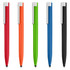 A collection of five stylus pens in red, orange, green, blue, and black, each with a silver clip and tip.