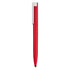 A red stylus pen with a white clip and a sleek design, featuring a simple branding logo.