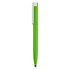 A green stylus pen with a white clip and a sleek design. It features a logo on the body.