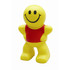 A yellow stress relief toy shaped like a smiling man, wearing a red top. Features a simple logo.