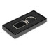 A metal key ring with a rectangular blank surface for laser etching, presented in a sleek black gift box.