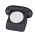 A black stress telephone shaped product with a round white centre and rounded handle. It features a branding logo.