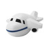 A white stress aeroplane toy with black windows and blue detailing. It has a simple, playful design.