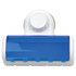 A toothbrush holder in white and blue, featuring a suction mechanism for easy attachment.