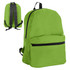 A green backpack featuring adjustable black straps and a front zip pocket, with a simple design and no visible branding.