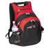 A red and black deluxe computer backpack featuring multiple zippers and a side pocket with a drink bottle.