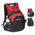 A red and black deluxe computer backpack featuring multiple compartments and a side pocket for a drink bottle.