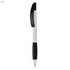 A plastic pen in white and black, featuring a clip and a branding logo.