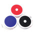 Three disc tape measures in red, blue, and black, each with a white casing and a visible measuring tape.