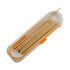 A clear container holding several wooden toothpicks with an orange slider.