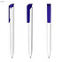 A plastic pen in white with a blue clip, displayed from three angles. The pen features a logo.