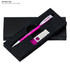 A pink pen and a sharpener are displayed in a black gift box with a fitted foam insert. The box has a branding logo.
